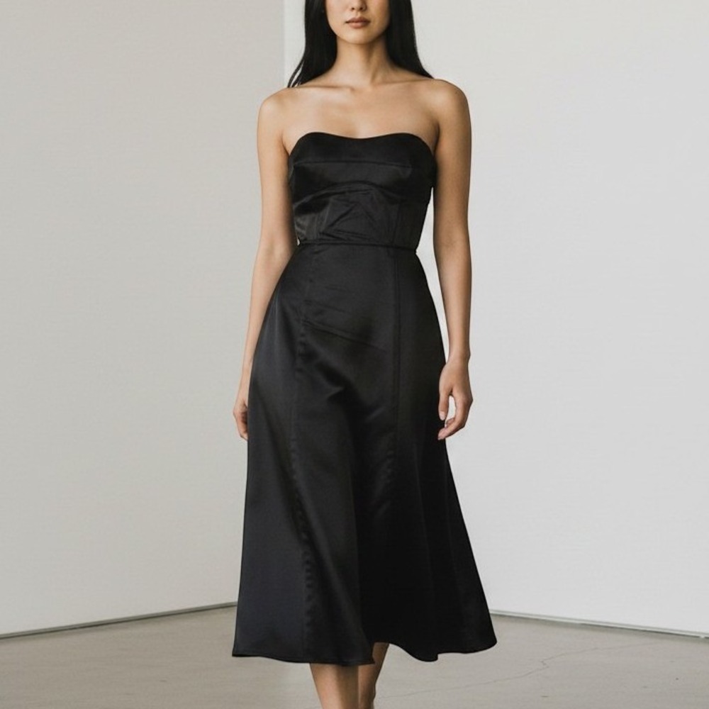 Moschino Jeans Women 10 Strapless Sweetheart Satin Midi Dress Black Going Out